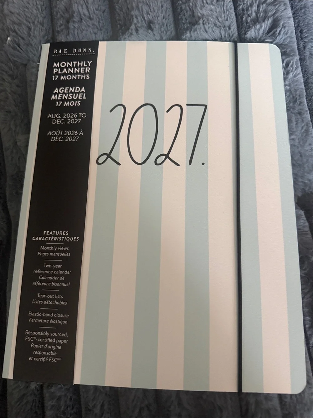 Rae Dunn Striped Planner in Light Blue and White